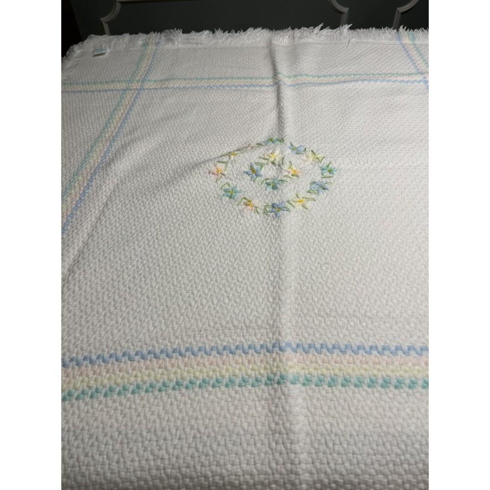 Vtg Italy Once Upon a Time Embroidered Flowers Fringe Knit Baby Blanket Shower